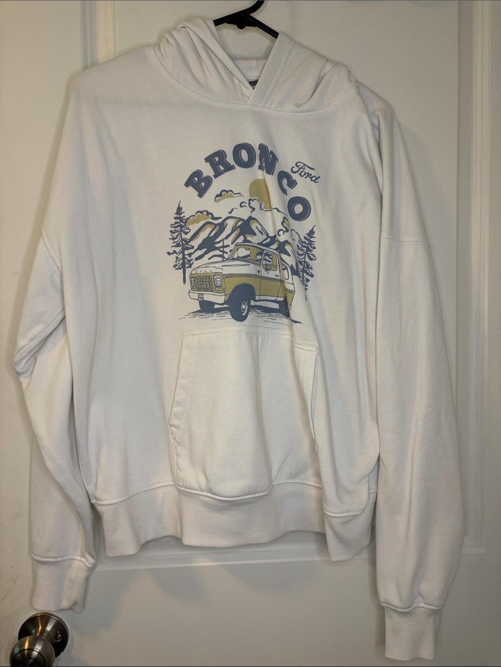 Ford White Hoodie with Blue and Yellow Bronco Graphic